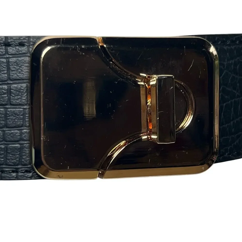 Vintage 90s Sz Small Gold Twist Lock Buckle Stretch Belt Black Faux Leather